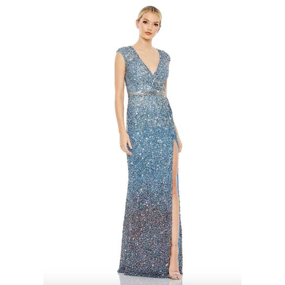 MAC DUGGAL Dress Size 12 Evening Gown Sequin Blue Ombre Cap Sleeve NEW Beaded - Picture 1 of 6